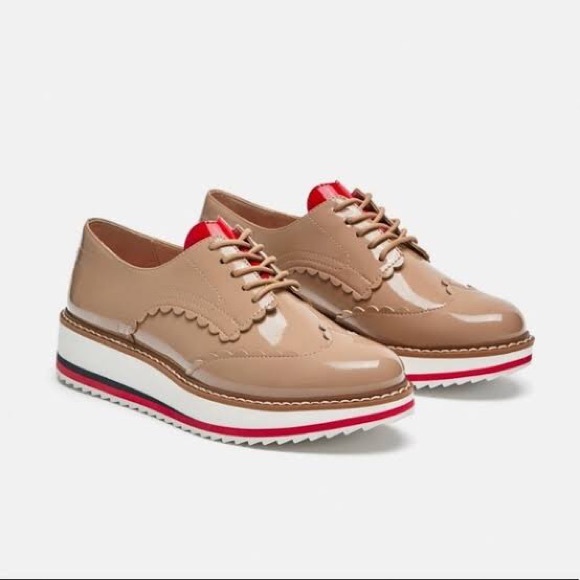 Zara Tan Patent Platform Oxford Shoes w/Heart